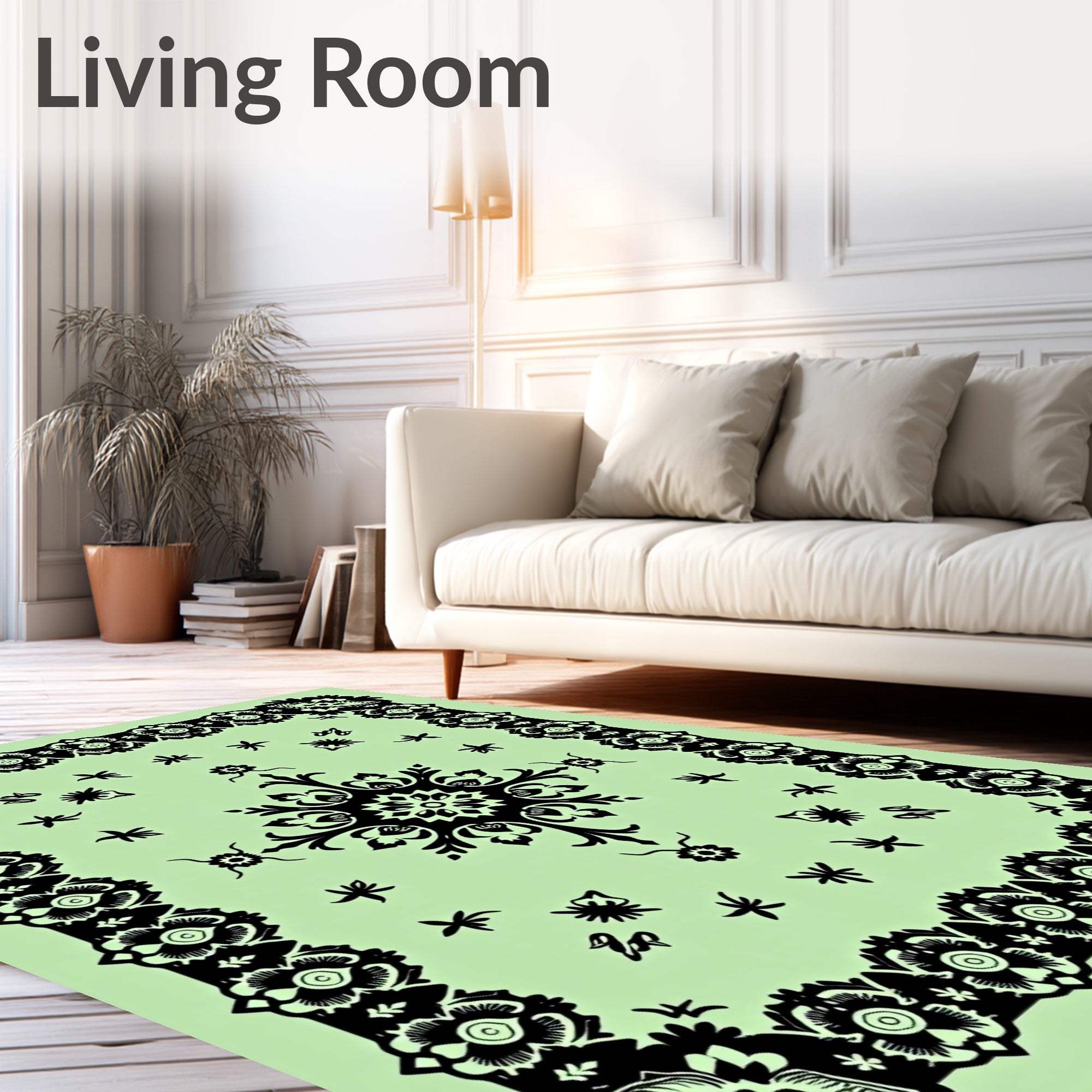 Ornate Floral Mandala Black Light Green Rug
