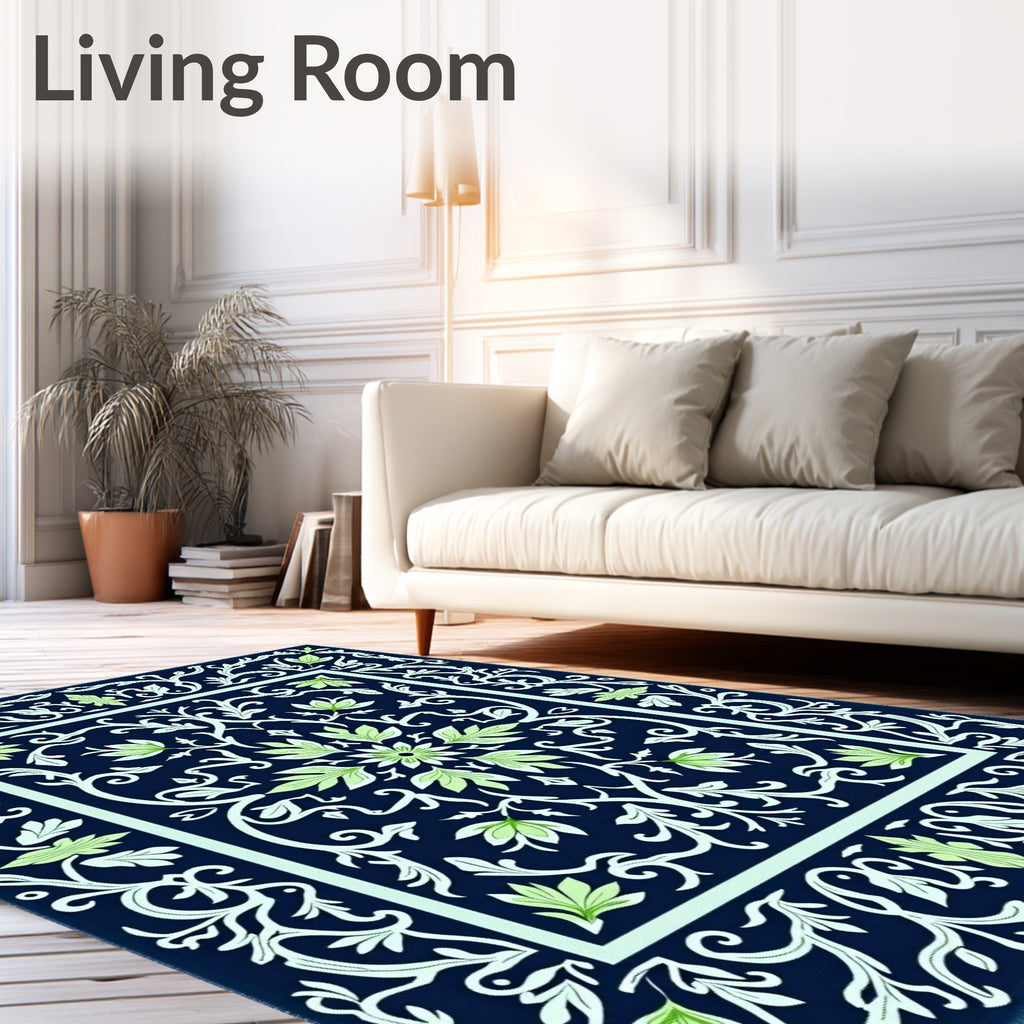 Navy Blue Light Green Floral Medallion Rug
