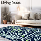 Navy Blue Light Green Floral Medallion Rug