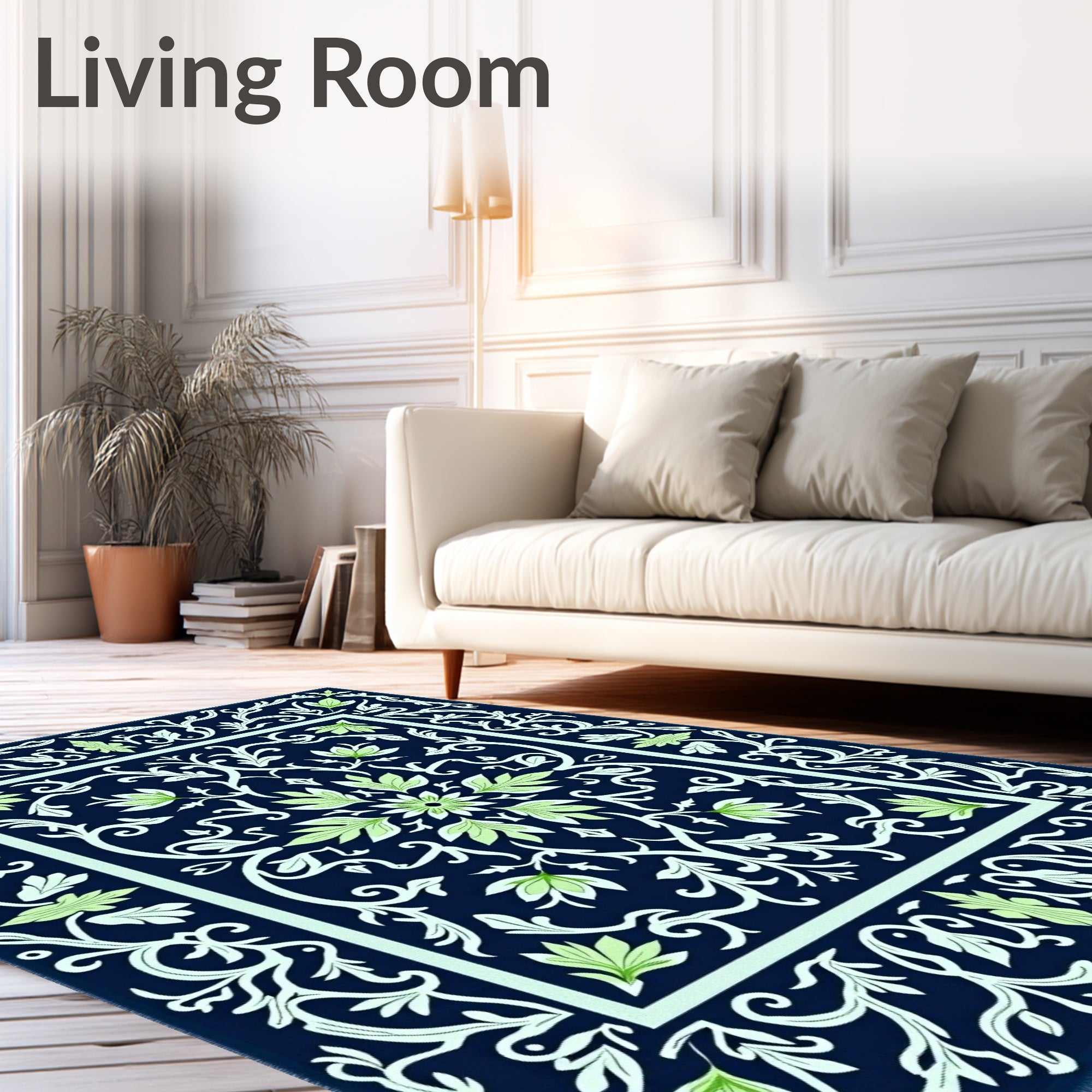 Navy Blue Light Green Floral Medallion Rug