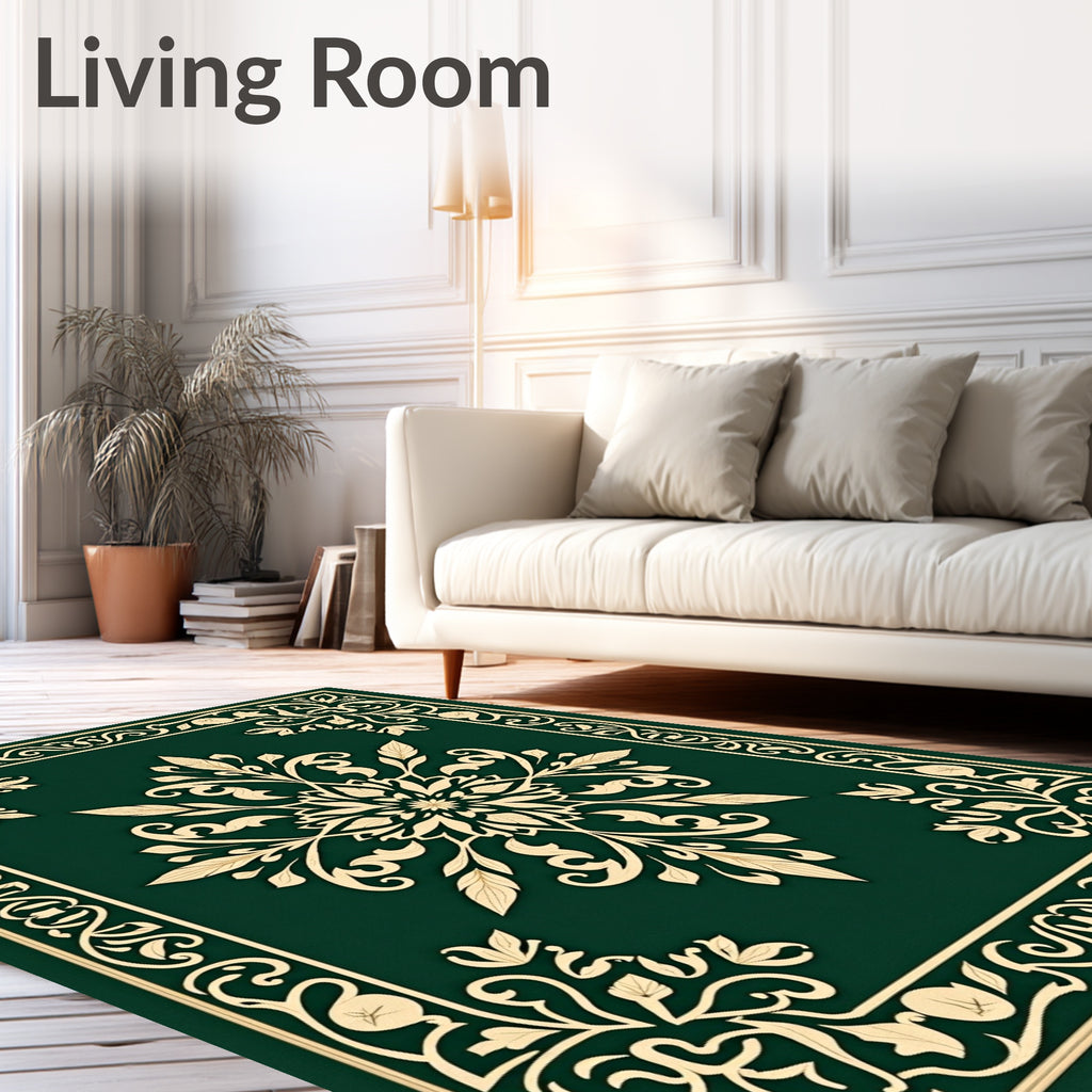 Ornate Floral Swirls Green-Gold Rug
