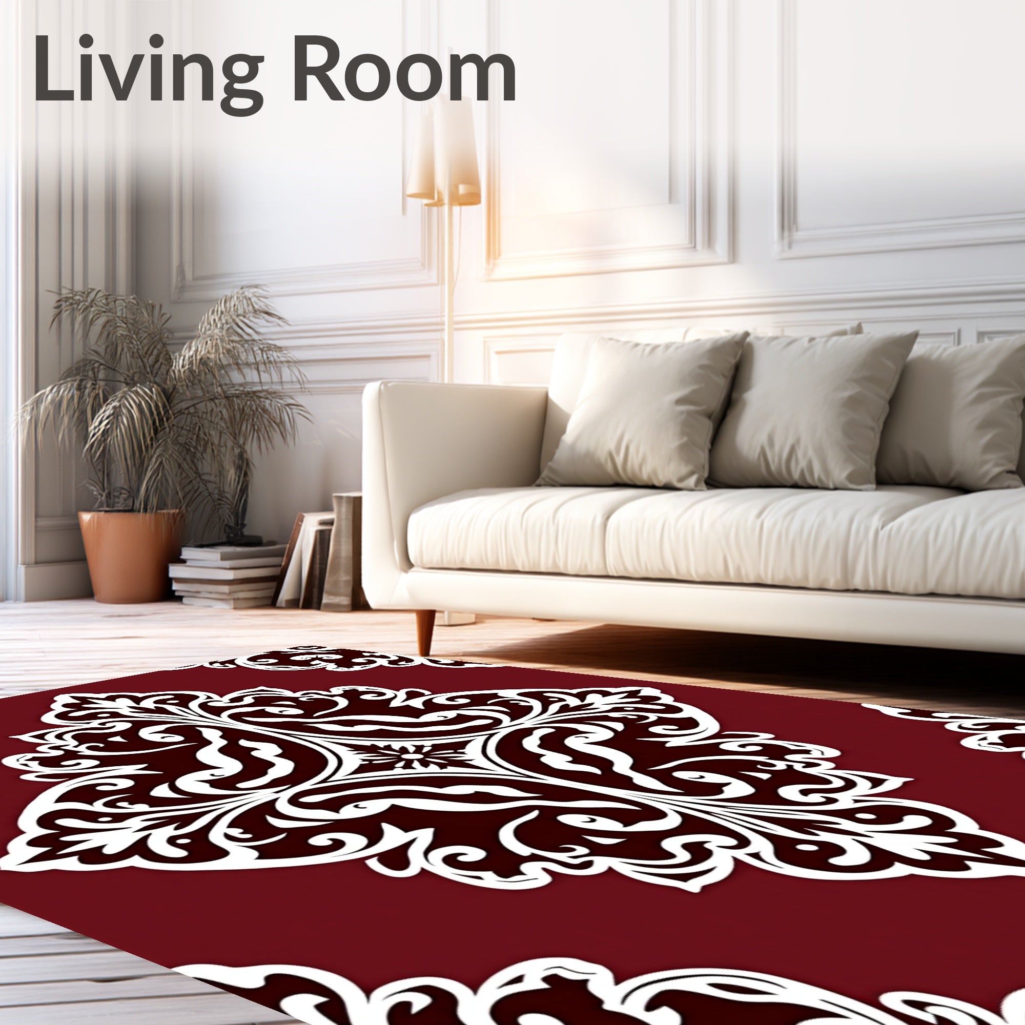 Rich Red Damask Scrollwork Rug
