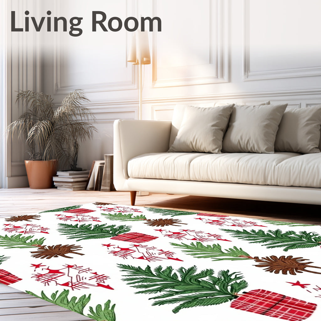 Holiday Evergreen Potted Trees Plaid Rug