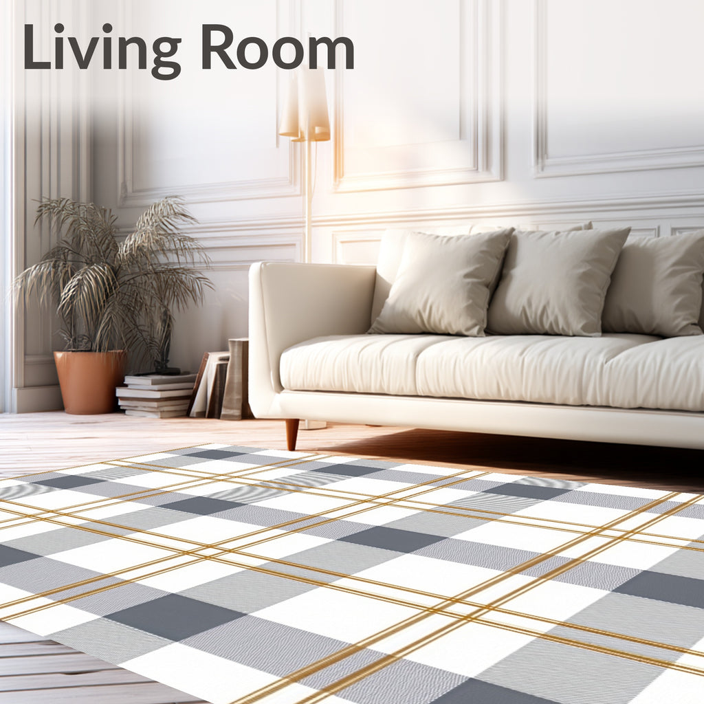 Classic Gray White Gold Tartan Pattern Rug