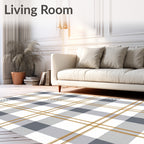 Classic Gray White Gold Tartan Pattern Rug