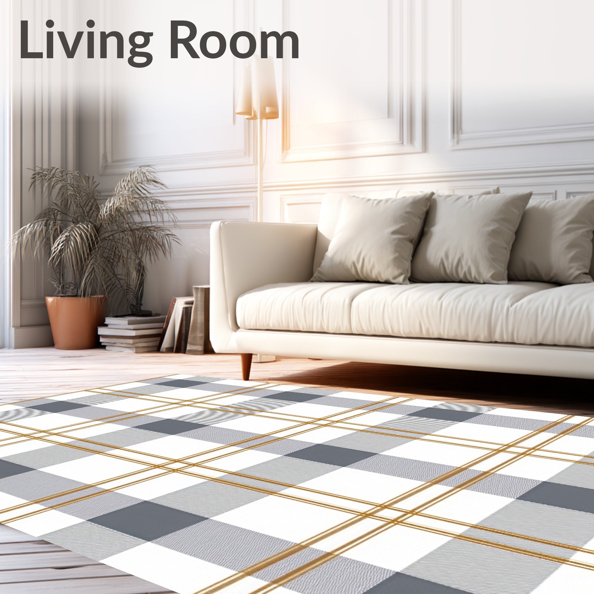 Classic Gray White Gold Tartan Pattern Rug