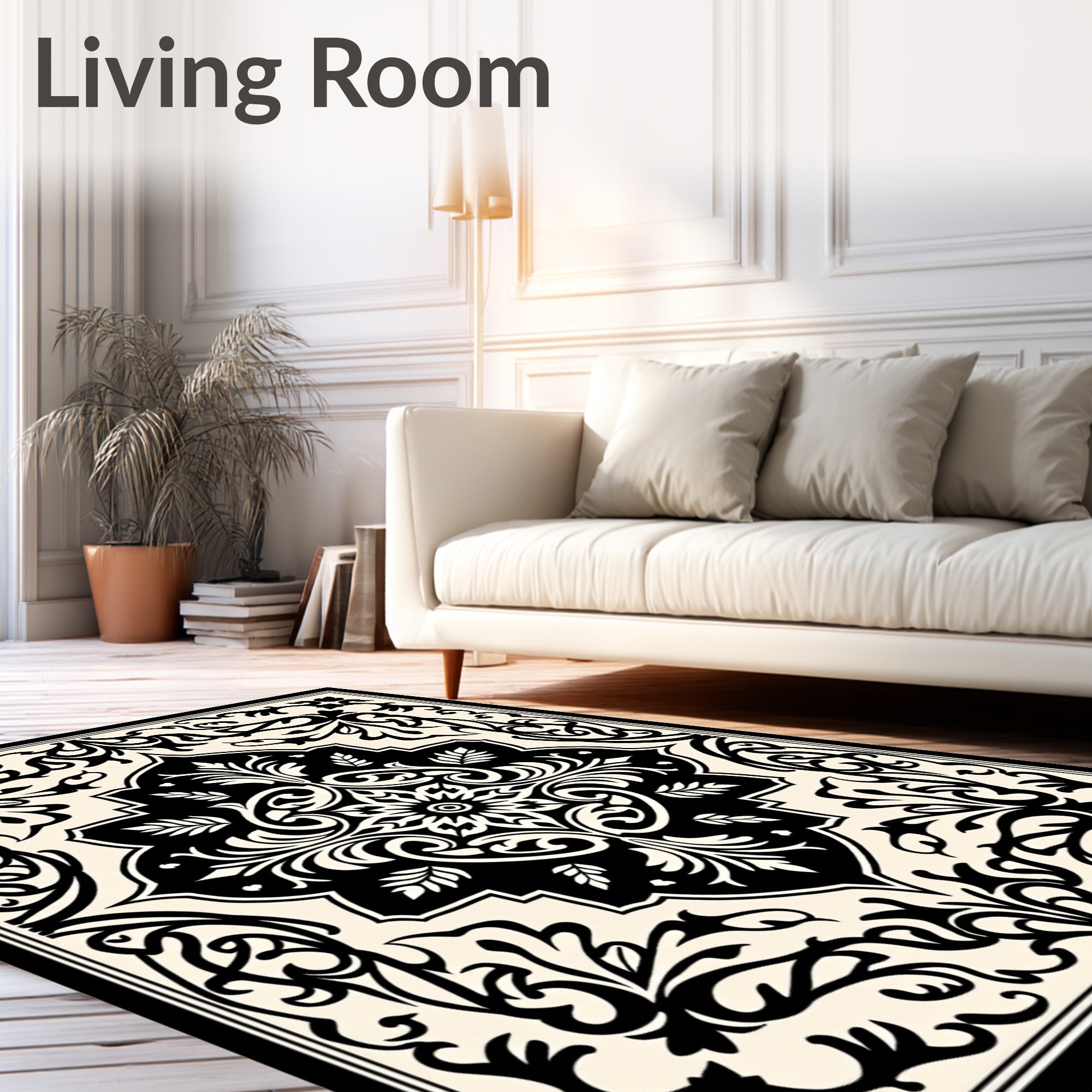Classic Floral Palmette Black and Cream Rug