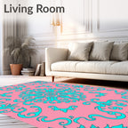 Pink Turquoise Floral Flourish Design Rug