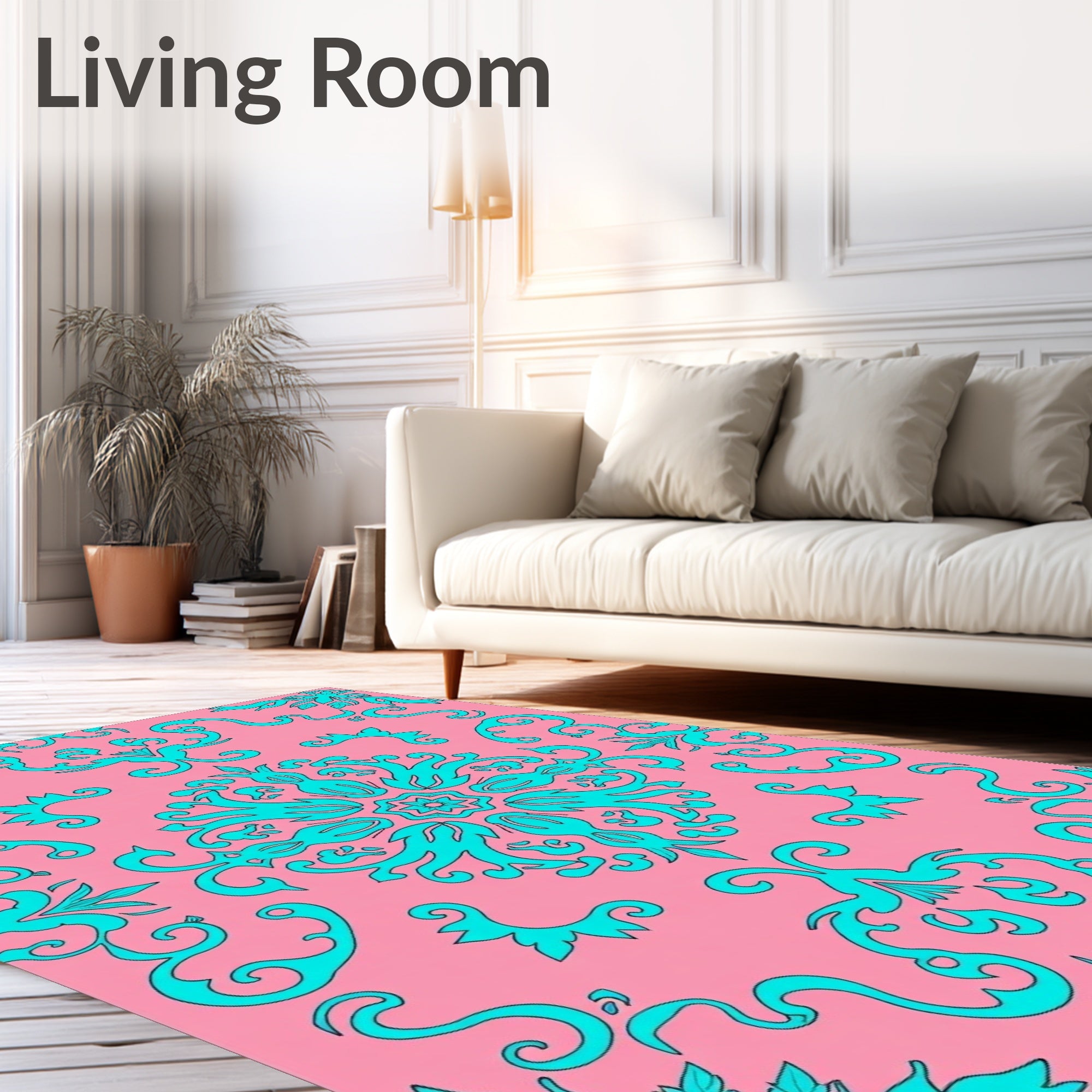 Pink Turquoise Floral Flourish Design Rug