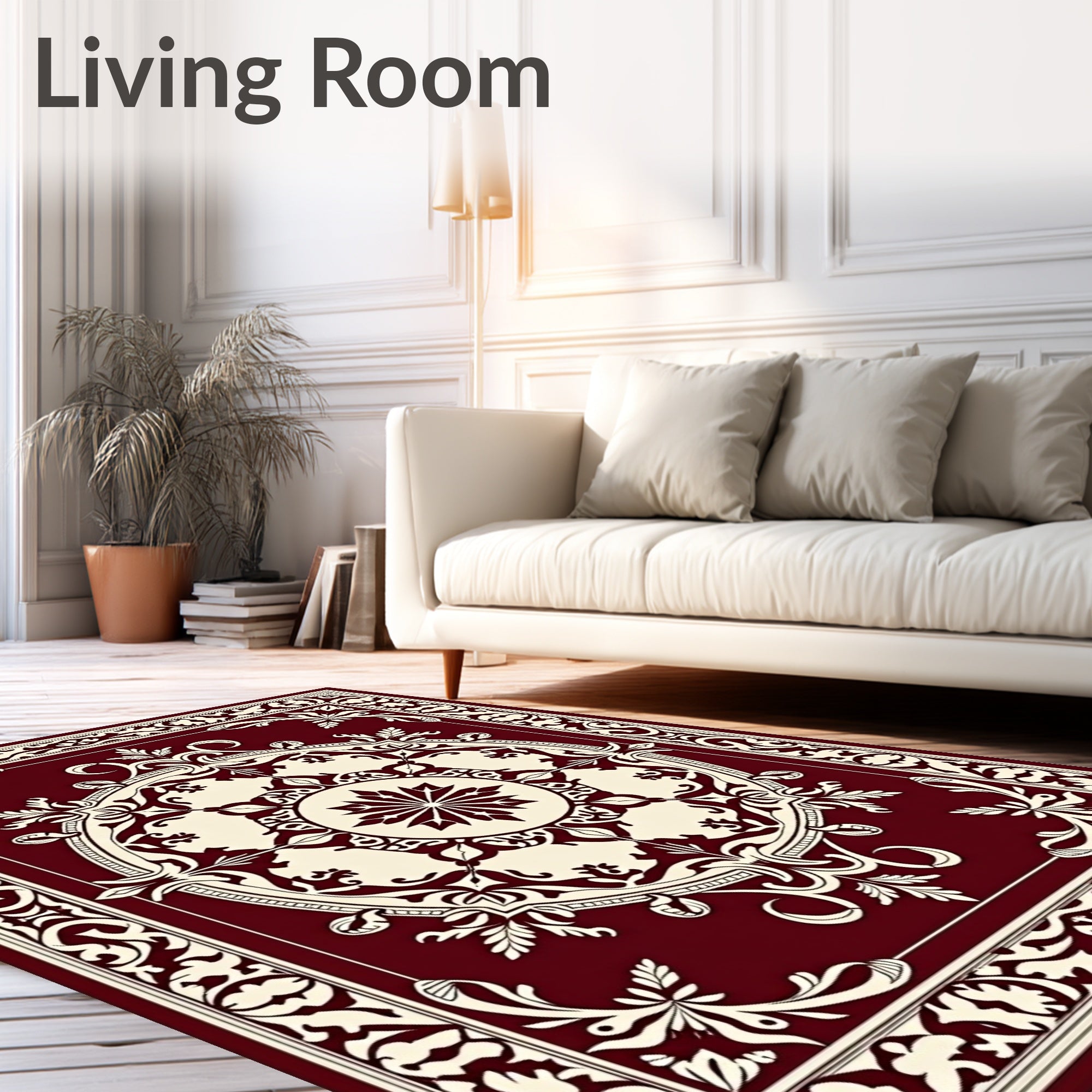 Intricate Floral Medallion Cream Maroon Design Rug