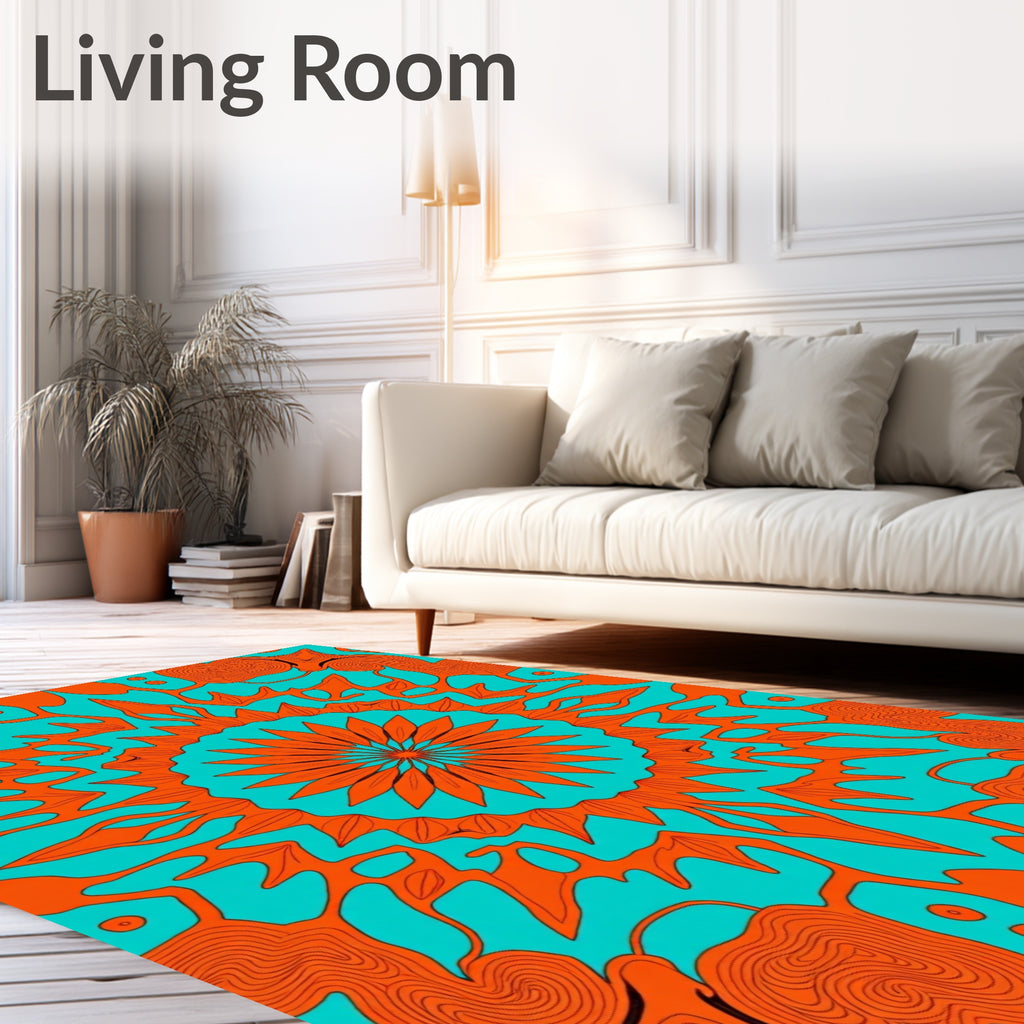 Symmetric Orange And Teal Mandala Design Rug