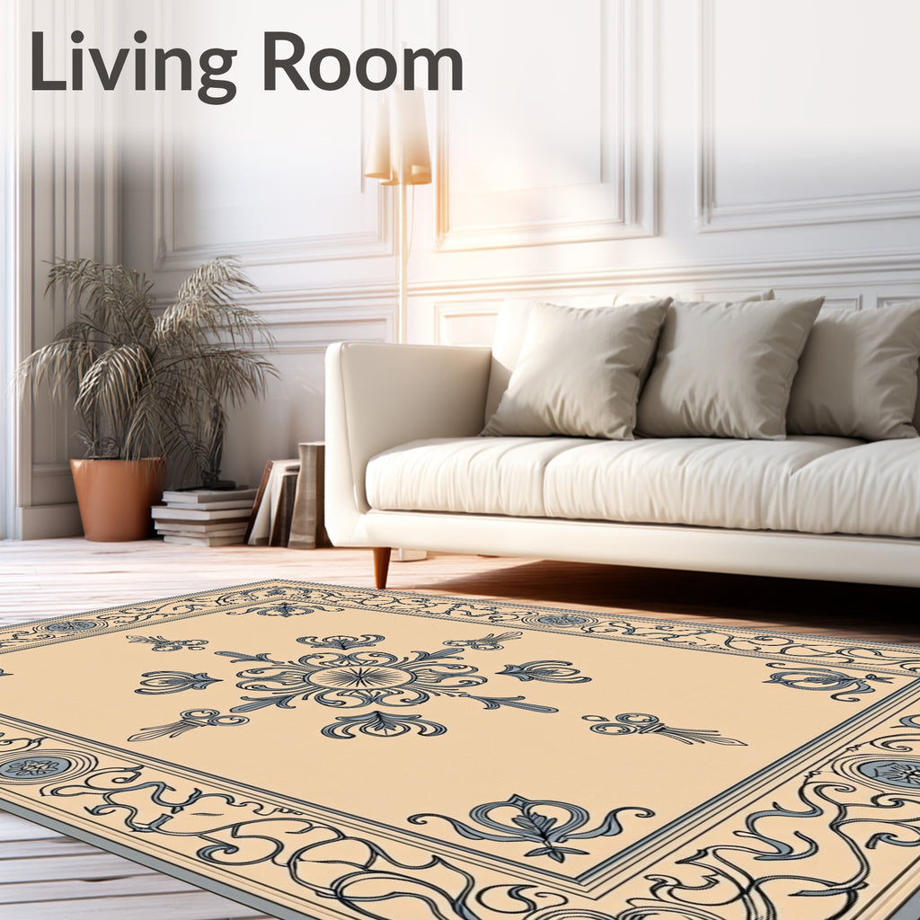 Cream Blue Detailed Floral Border Rug