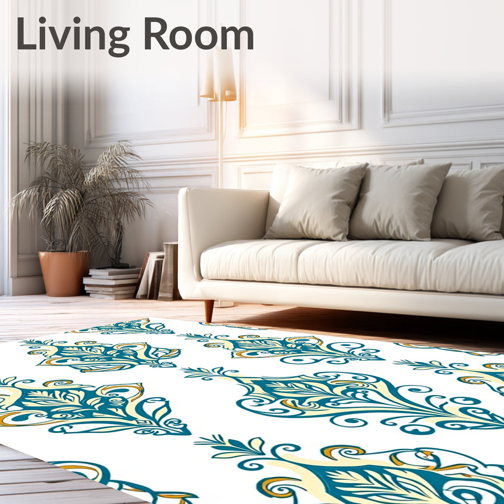 Elegant Teal Gold Damask Pattern Rug