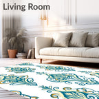 Elegant Teal Gold Damask Pattern Rug