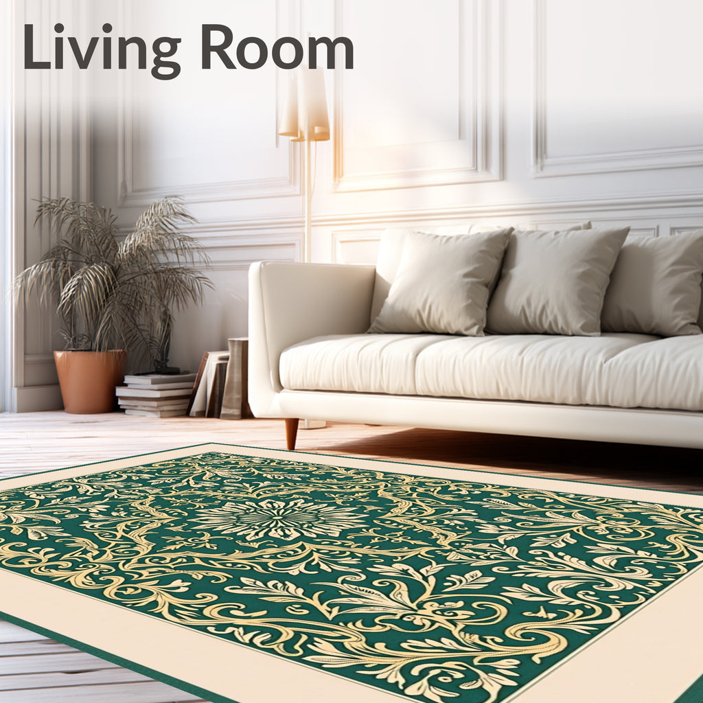 Intricate Floral Scrollwork Green Gold Rug