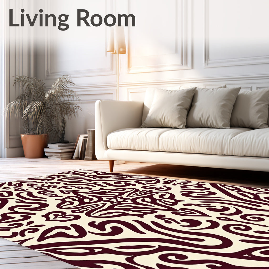 Ornate Burgundy Cream Damask Design Rug