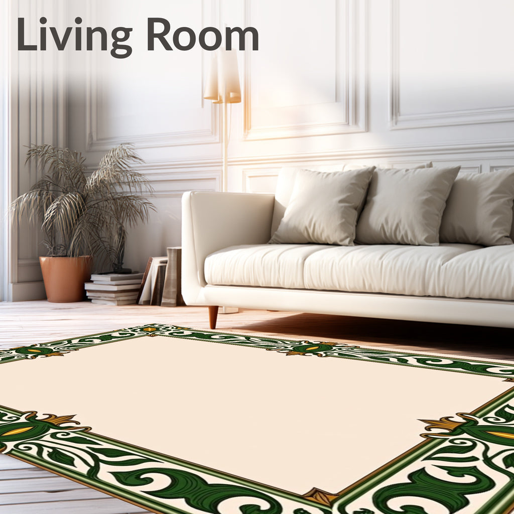 Ornate Green Gold Floral Border Rug