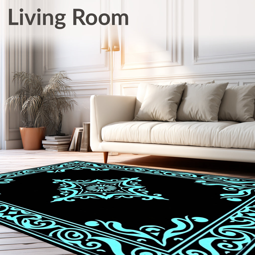 Classic Teal Floral Medallion Frame Rug