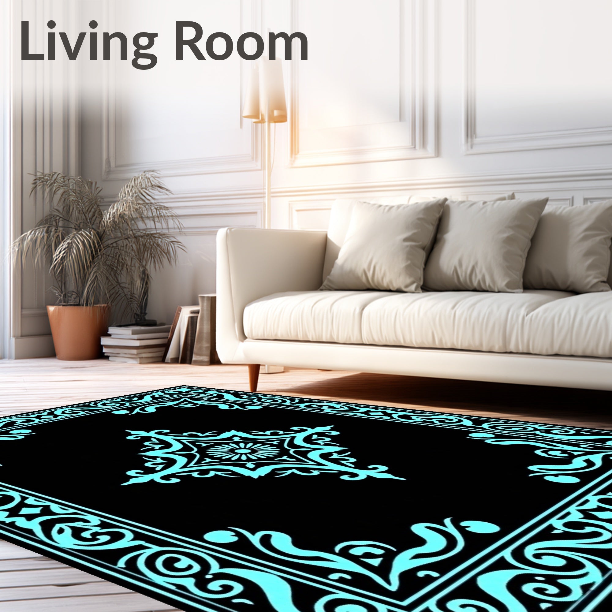 Classic Teal Floral Medallion Frame Rug