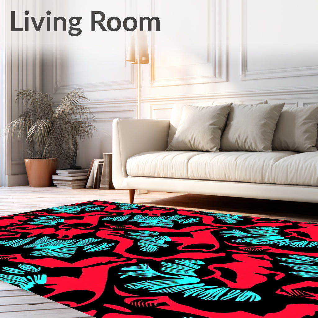 Bold Red Aqua Figures Abstract Rug