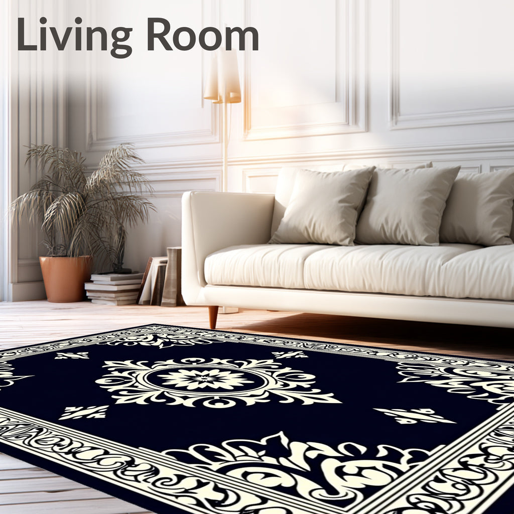 Classic Black Cream Floral Motif Rug