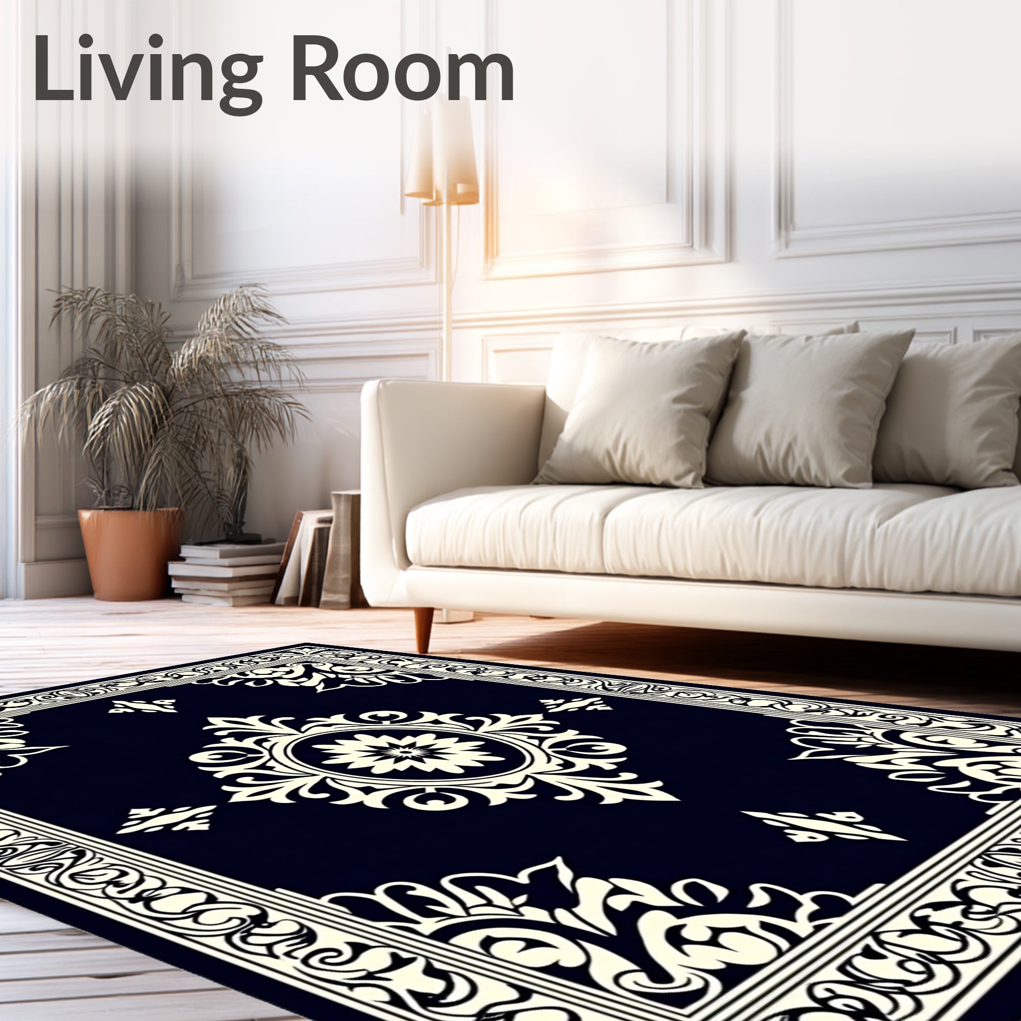 Classic Black Cream Floral Motif Rug