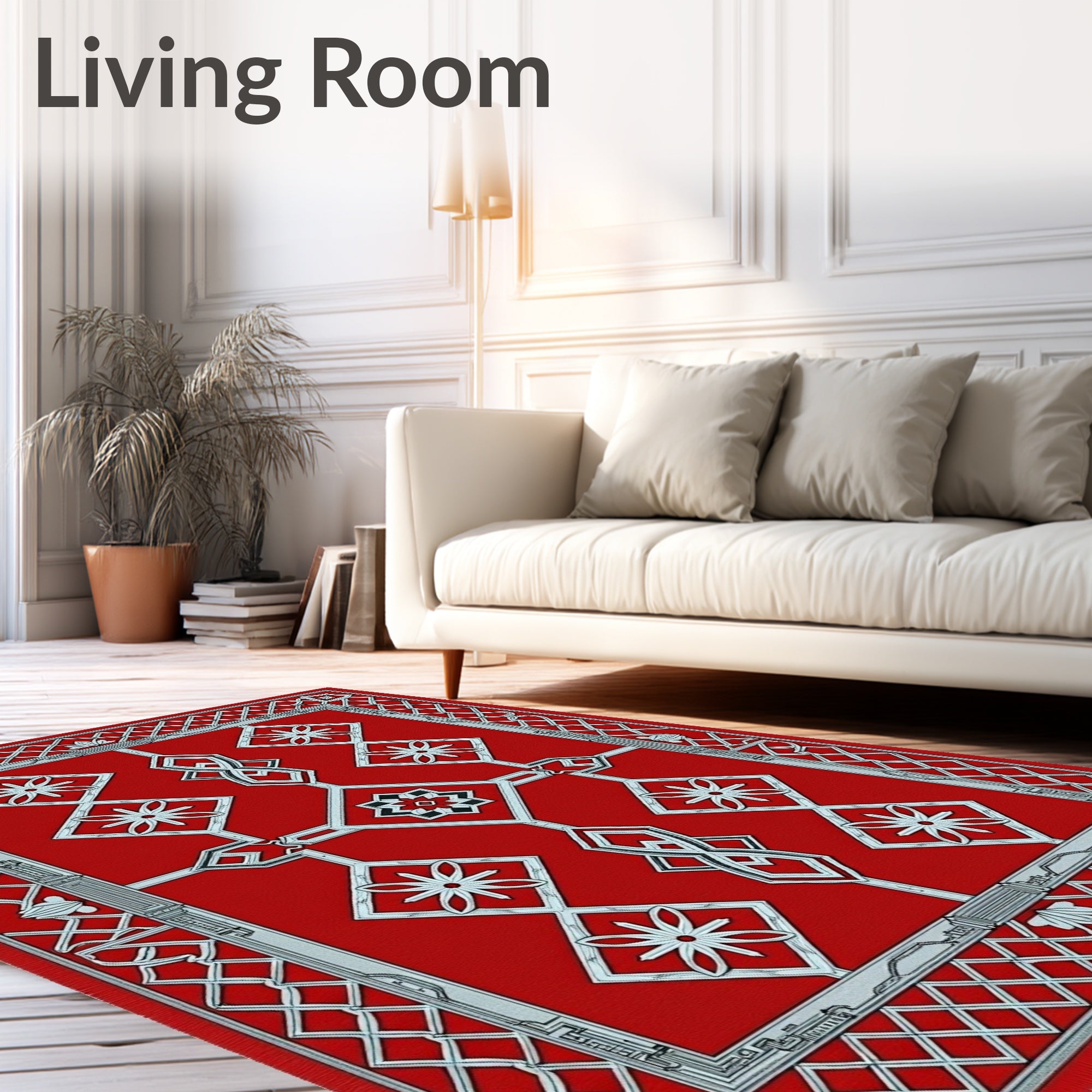 Geometric Red Silver Diamond Floral Rug
