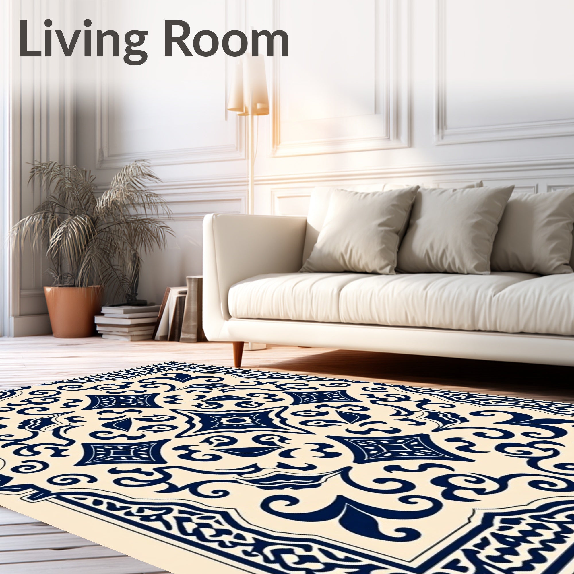 Ornate Indigo Floral Scroll Design Rug