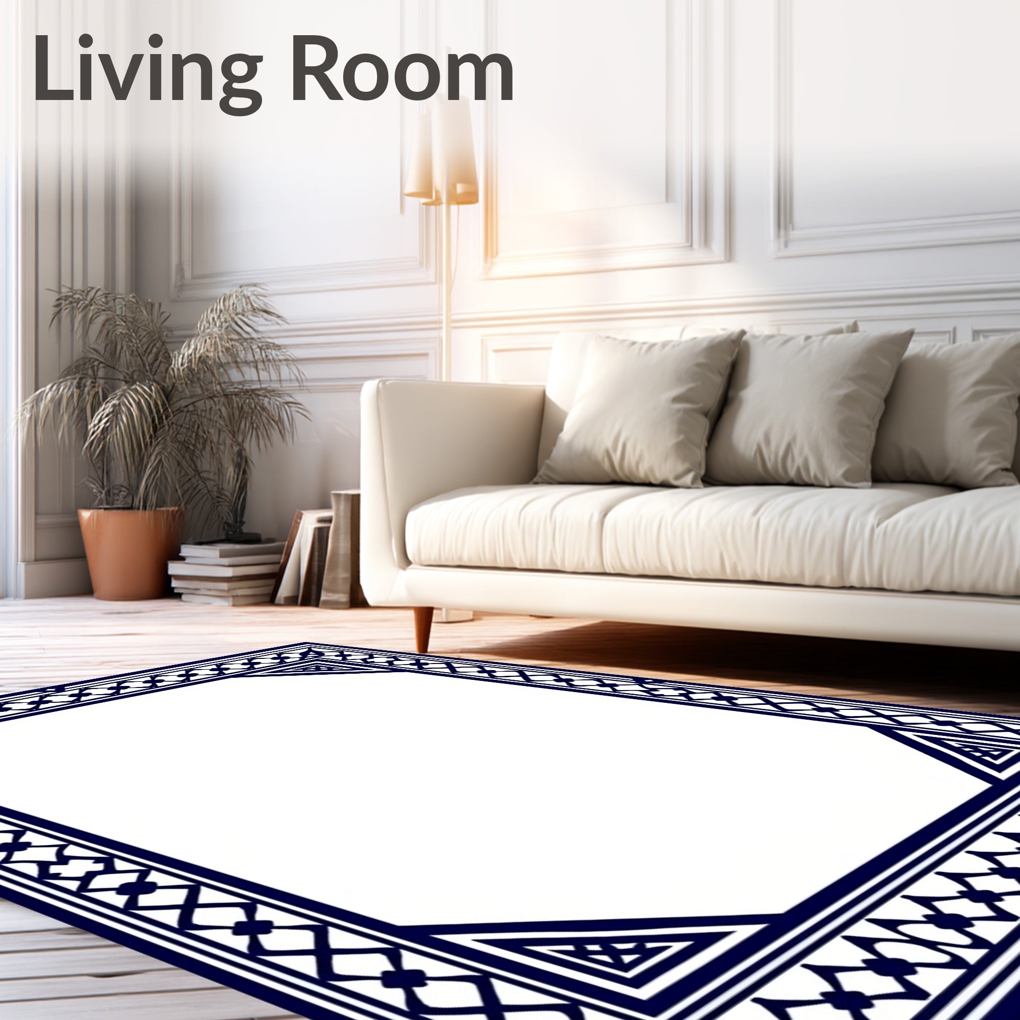 Classic Blue Geometric Border Pattern Rug