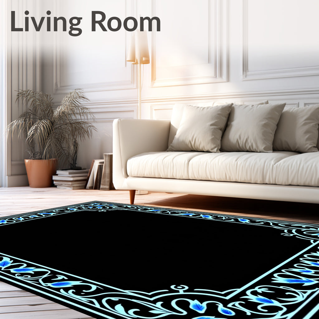 Intricate Floral Border With Blue Accents Rug