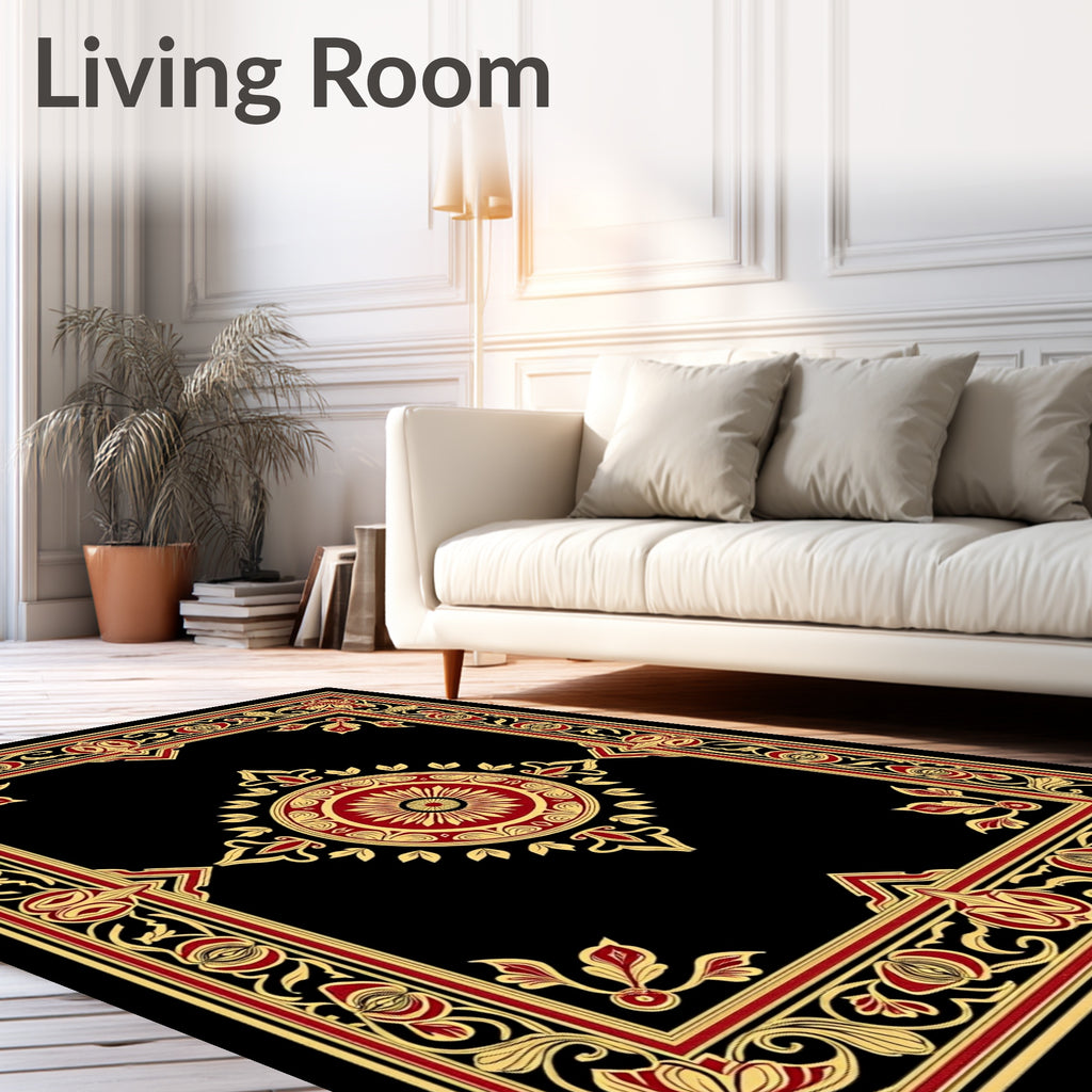 Ornate Black Gold Floral Patterned Rug