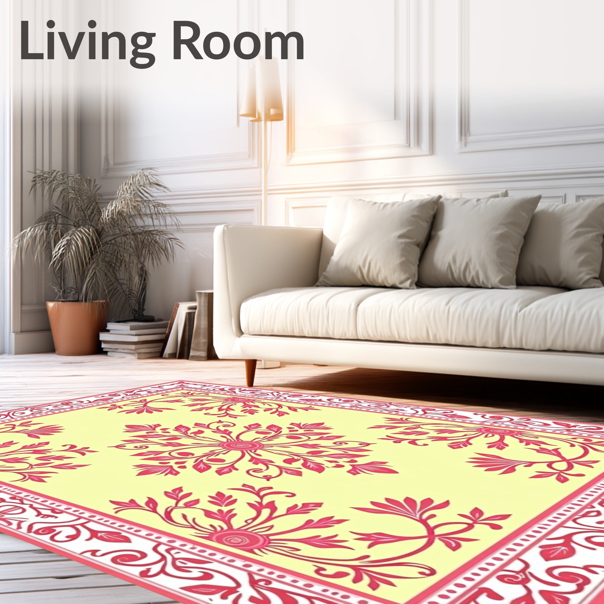 Pink Floral Medallion Yellow Background Rug