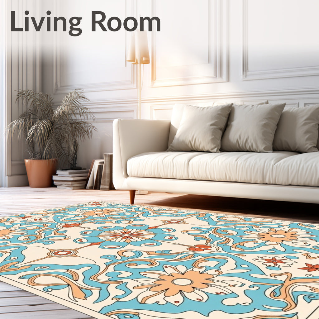 Bold Floral Swirls In Cream And Blue Rug