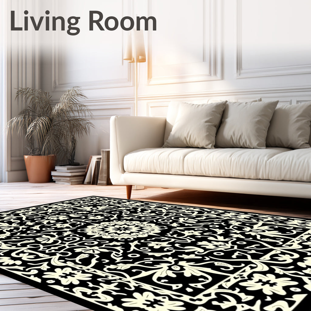 Intricate Black Cream Floral Vintage Rug