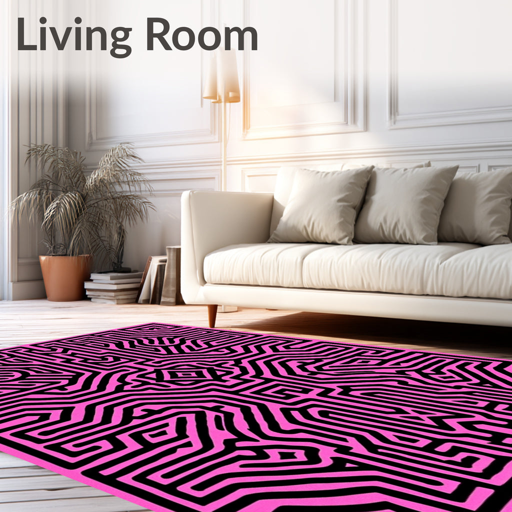 Bold Pink Black Maze Pattern Rug