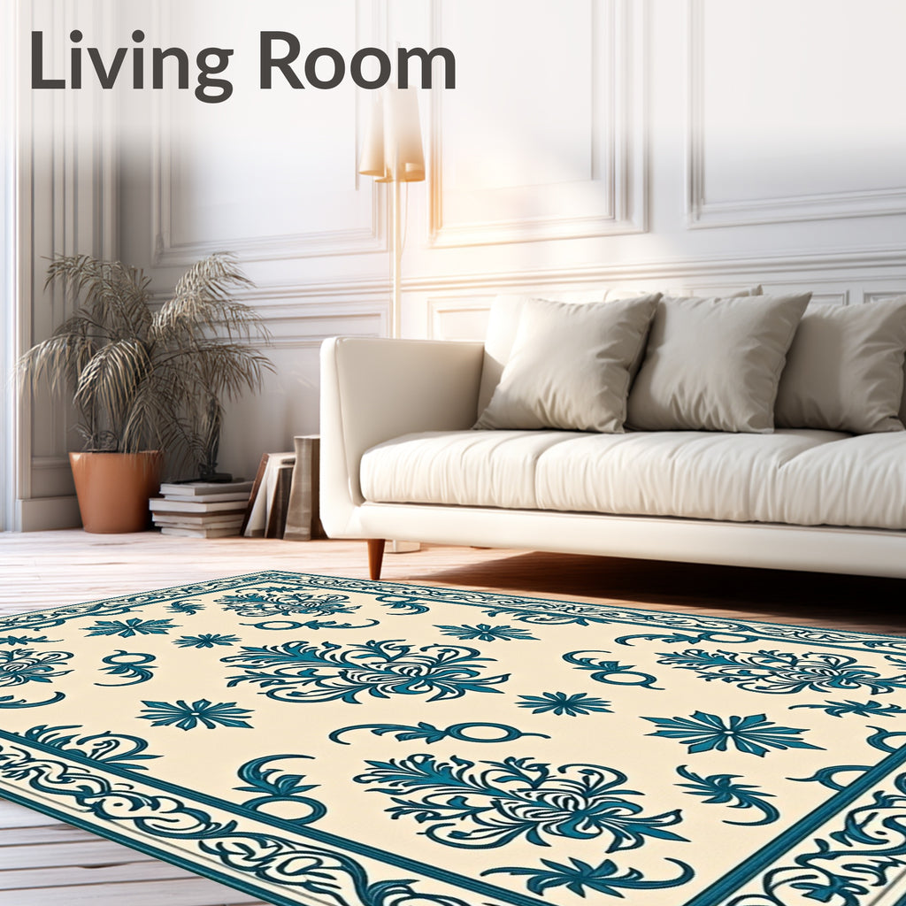 Classic Teal Cream Damask Pattern Rug
