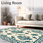 Classic Teal Cream Damask Pattern Rug