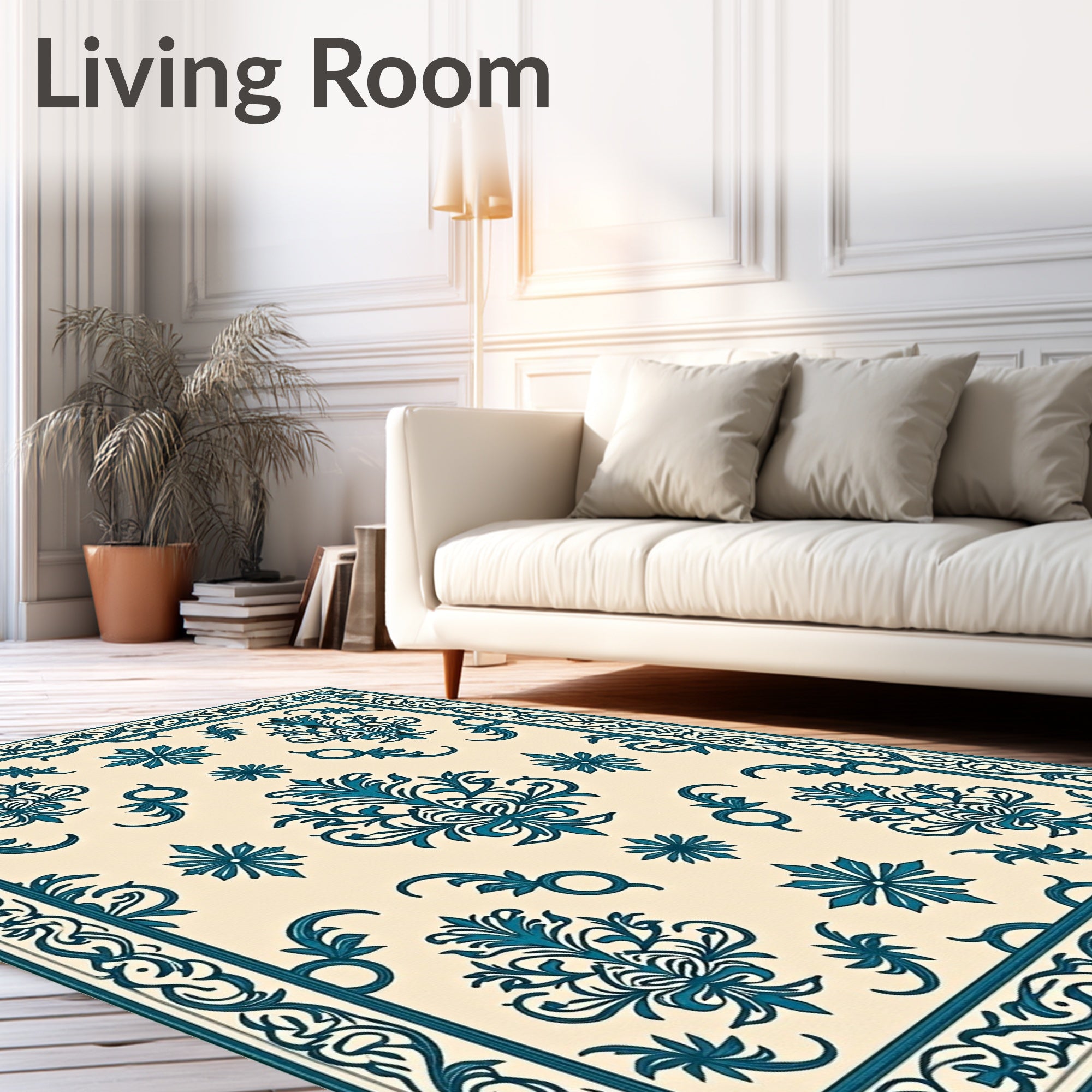Classic Teal Cream Damask Pattern Rug