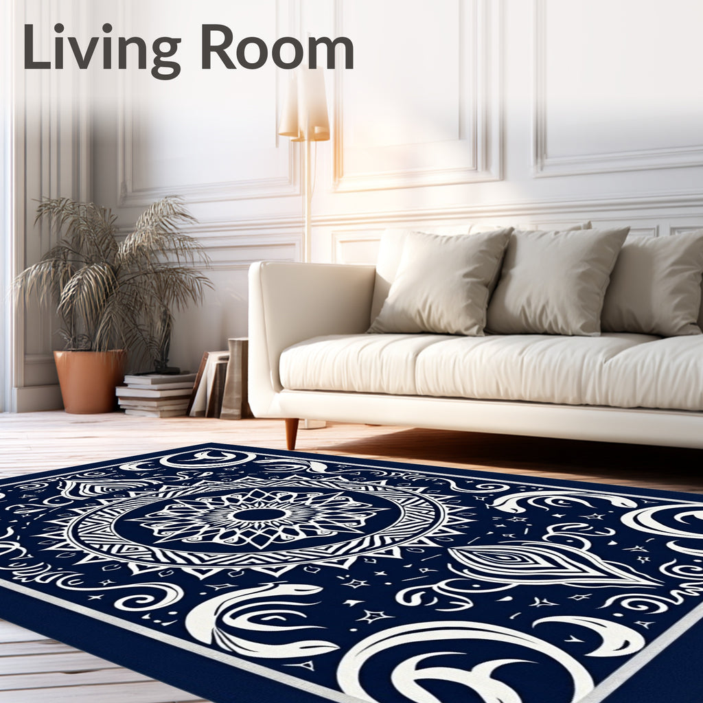 Intricate Blue White Mandala Pattern Design Rug