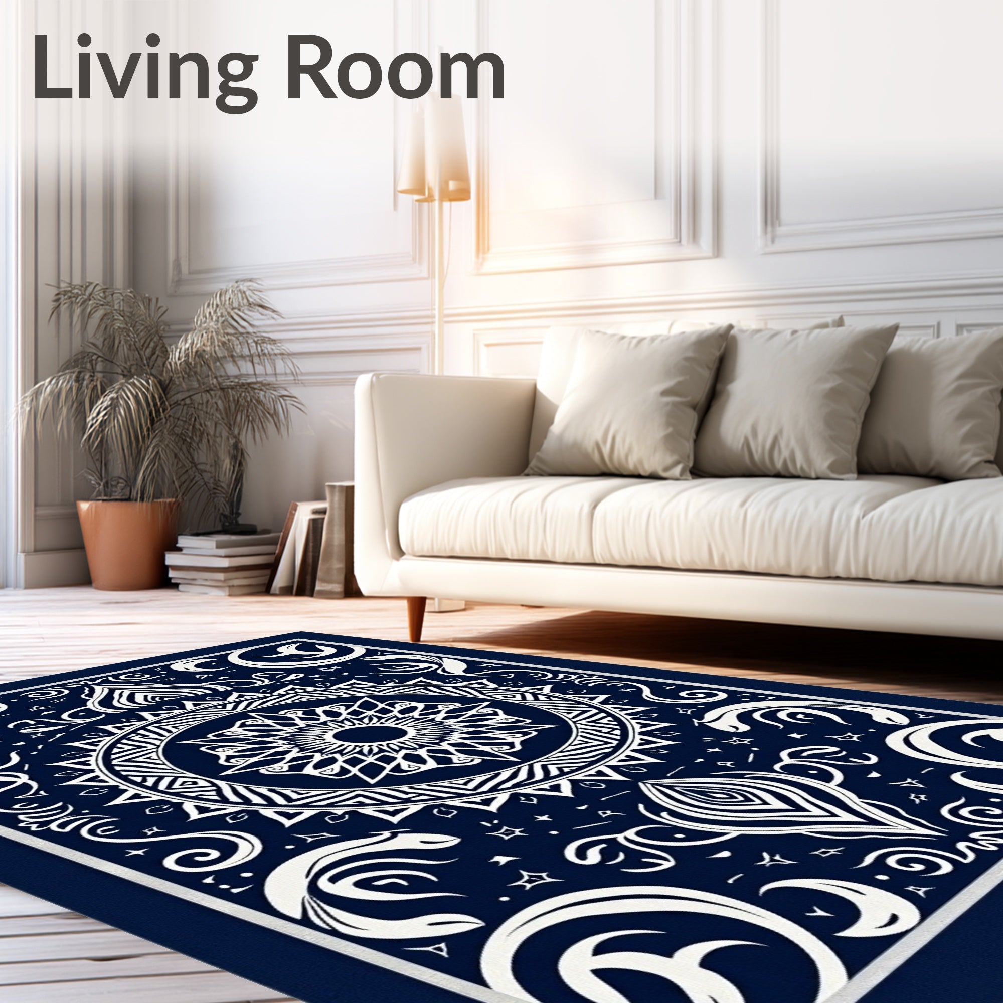 Intricate Blue White Mandala Pattern Design Rug