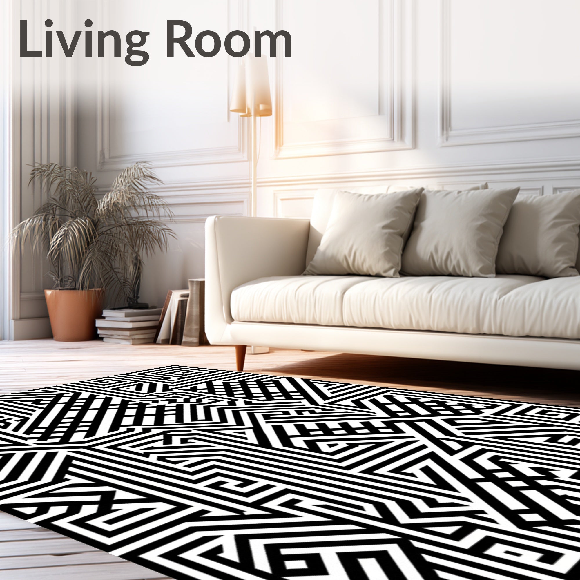 Black White Interlocking Maze Pattern Rug