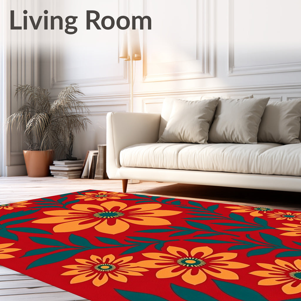 Bold Floral Pattern On Red Background Rug