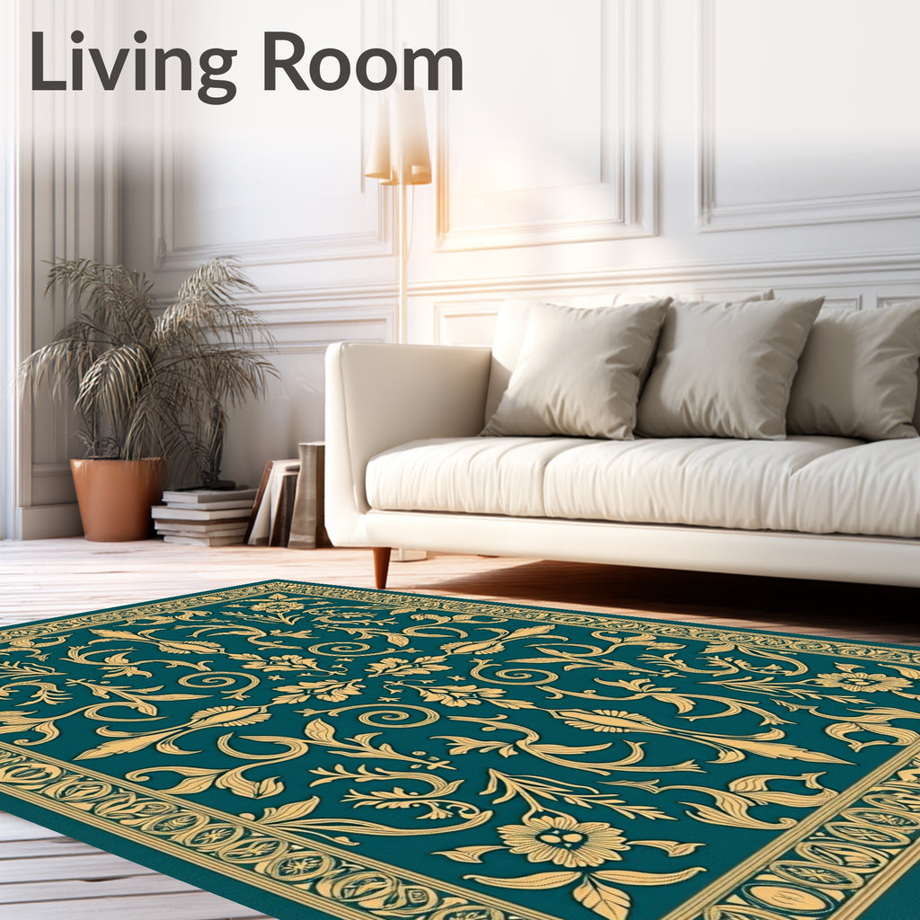Ornate Gold Teal Damask Pattern Rug