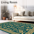 Ornate Gold Teal Damask Pattern Rug