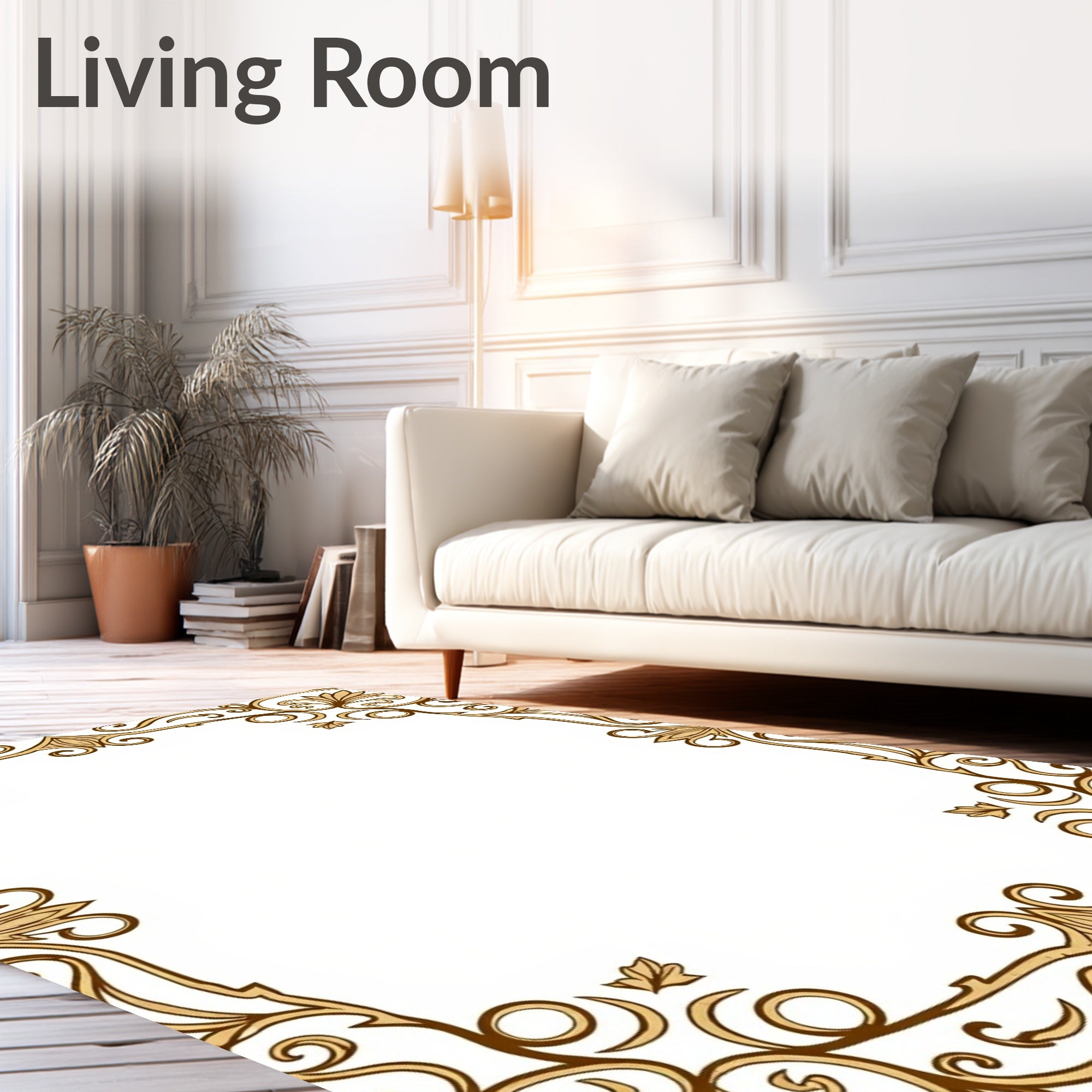 Ornate Golden Scroll Floral Border Rug