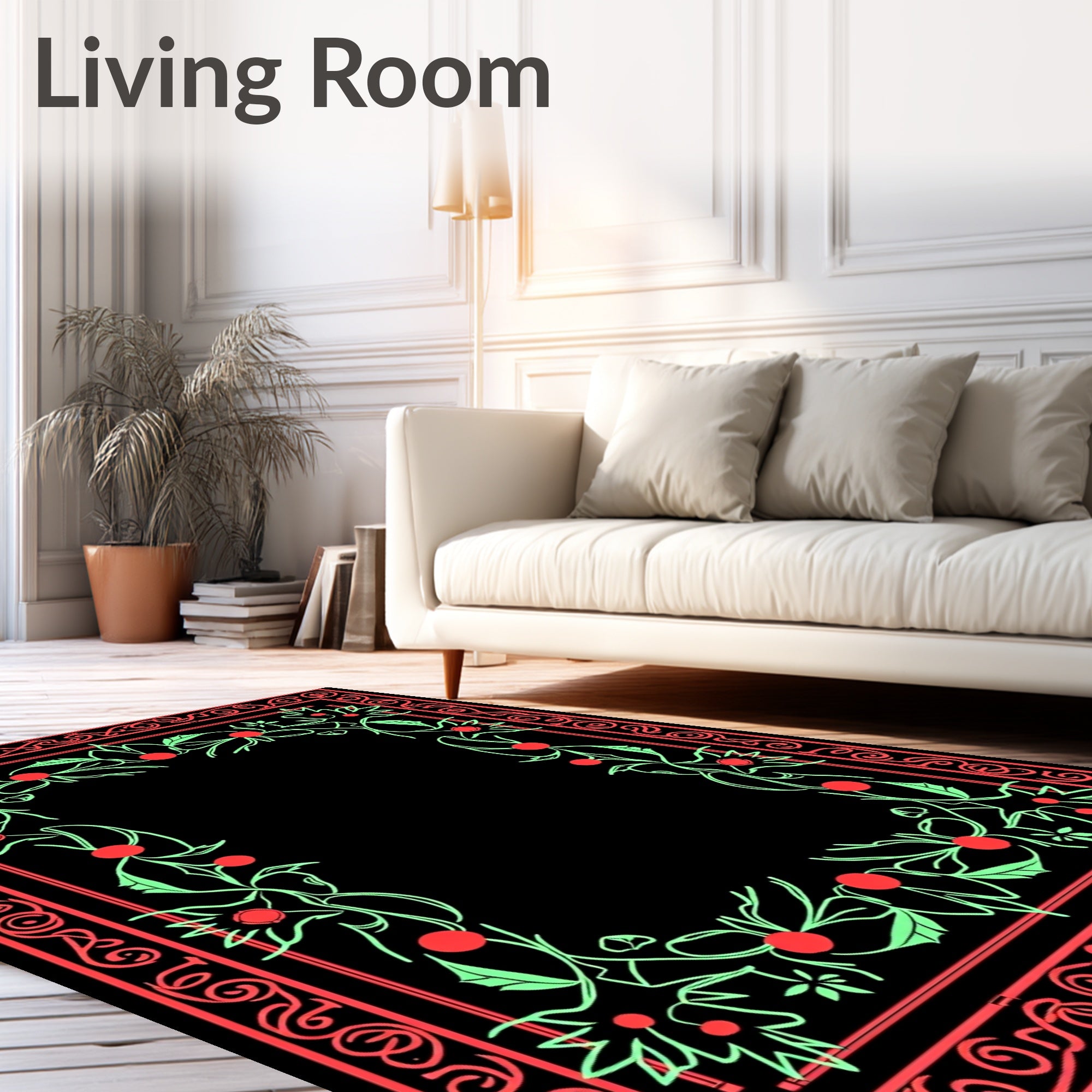 Coral Green Floral Vines Border Rug