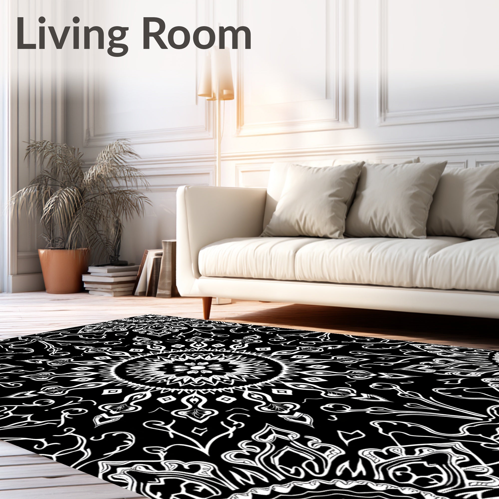 Intricate White Floral Mandala Pattern Rug