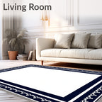 Navy and White Ornate Border Rug