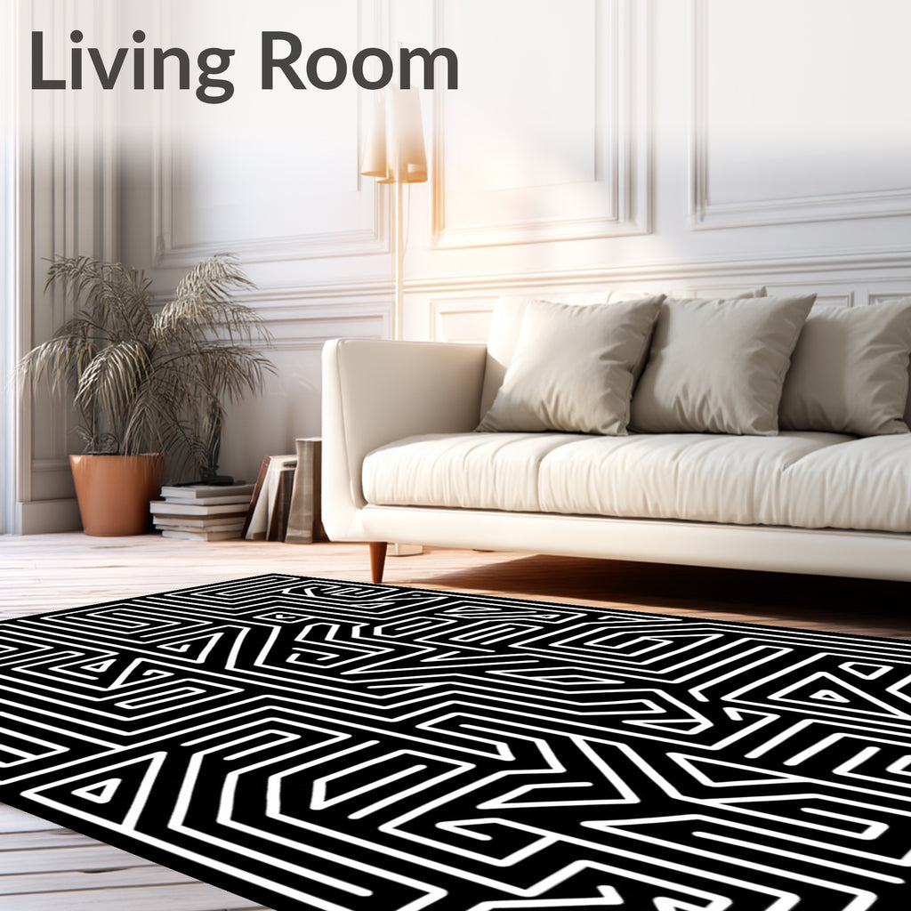 Geometric Labyrinth Black White Pattern Rug