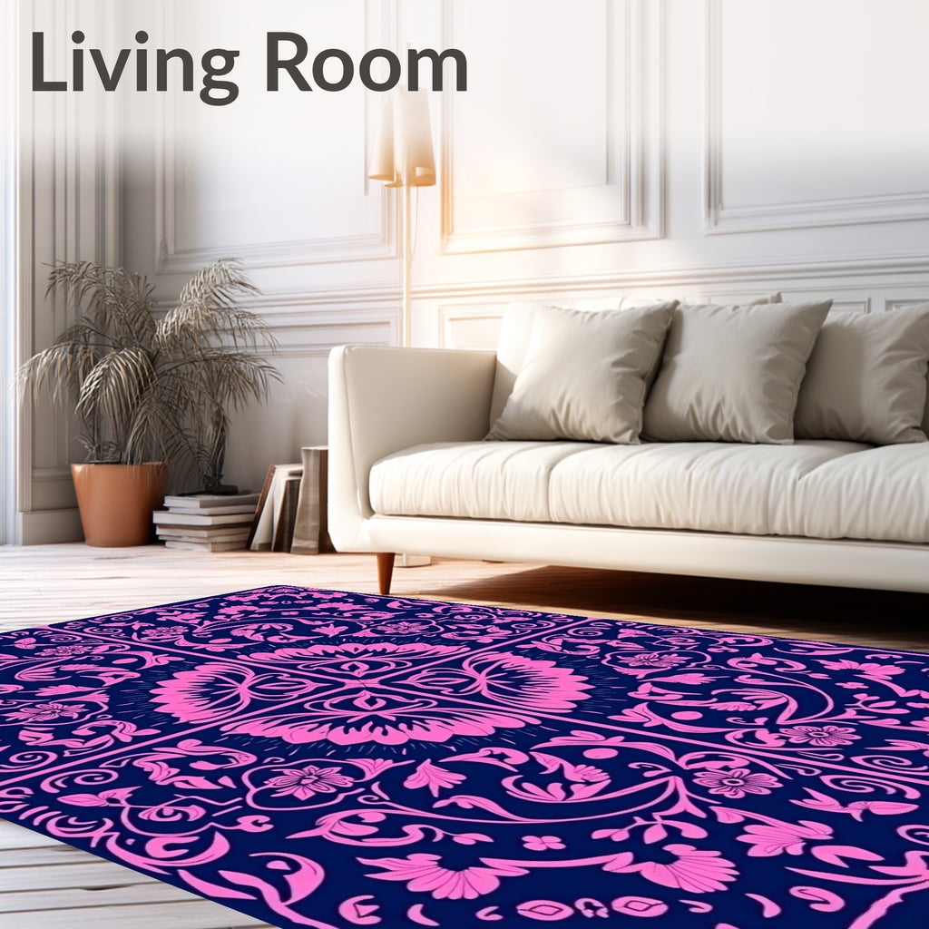 Pink Floral Vine Patterned Square Rug